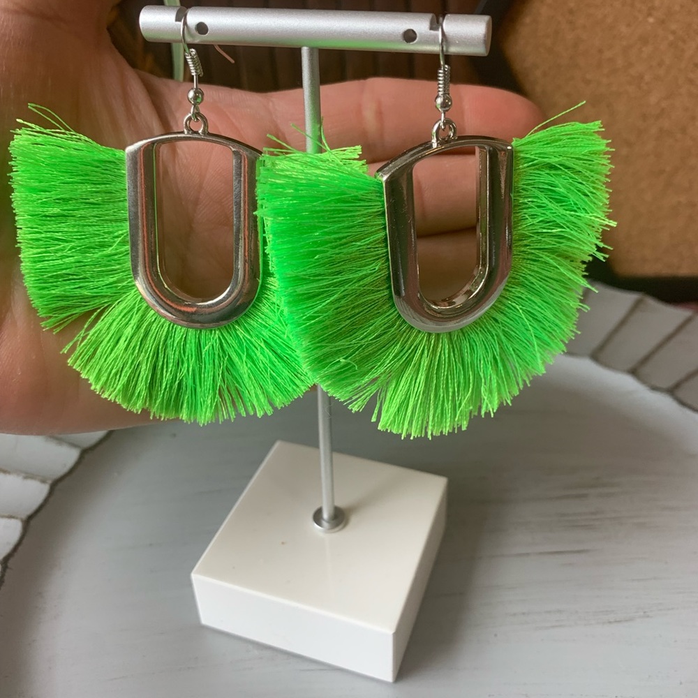 Large U Silver Green Tassel Colorful Earrings